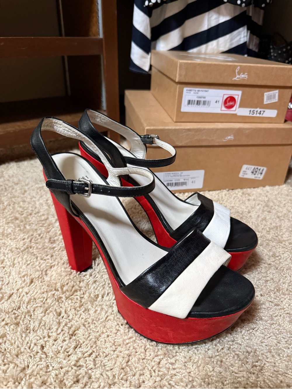 Stuart Weitzman Red, Black & White Platform Block Heel Sandals